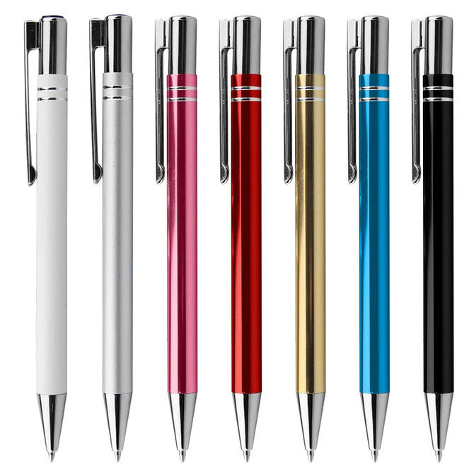 A collection of metal pens in white, pink, red, gold, blue, and black, featuring silver accents and clips.