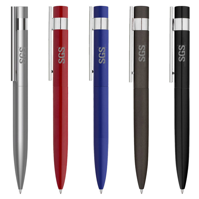 A set of five metal pens in silver, red, blue, dark grey, and black, featuring a logo on each pen.