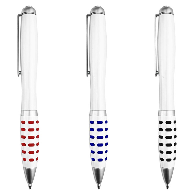Three metal pens with white bodies and coloured grips, featuring red, blue, and black accents. Each pen has a clip and a logo.