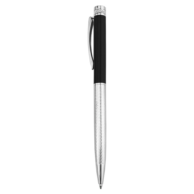 A metal pen in black and silver, featuring a sleek design and a clip for easy attachment. It has a logo on the body.
