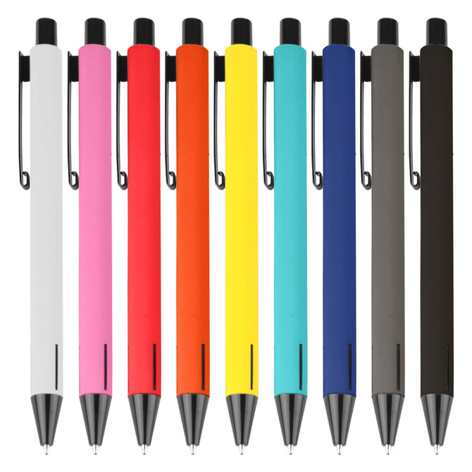 A range of metal pens in various colours including white, pink, orange, yellow, blue, and black, with clips and a logo.