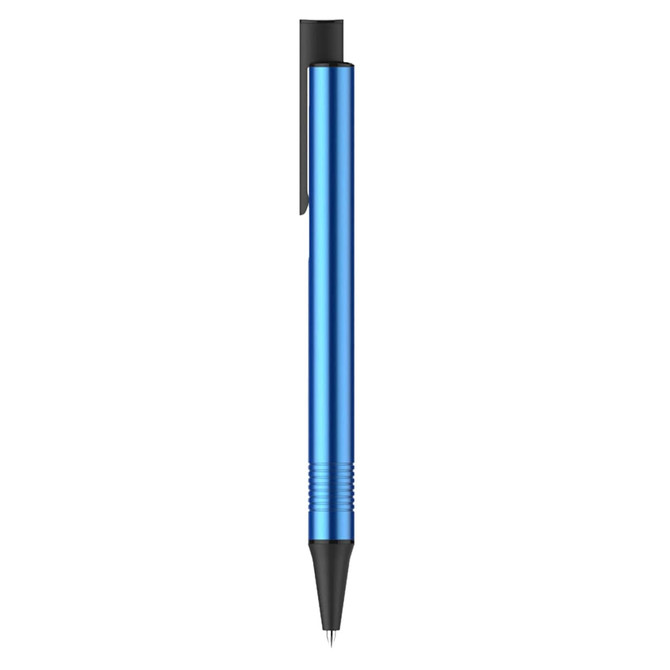 A blue metal pen with a black tip and clip, featuring a sleek design and branding.
