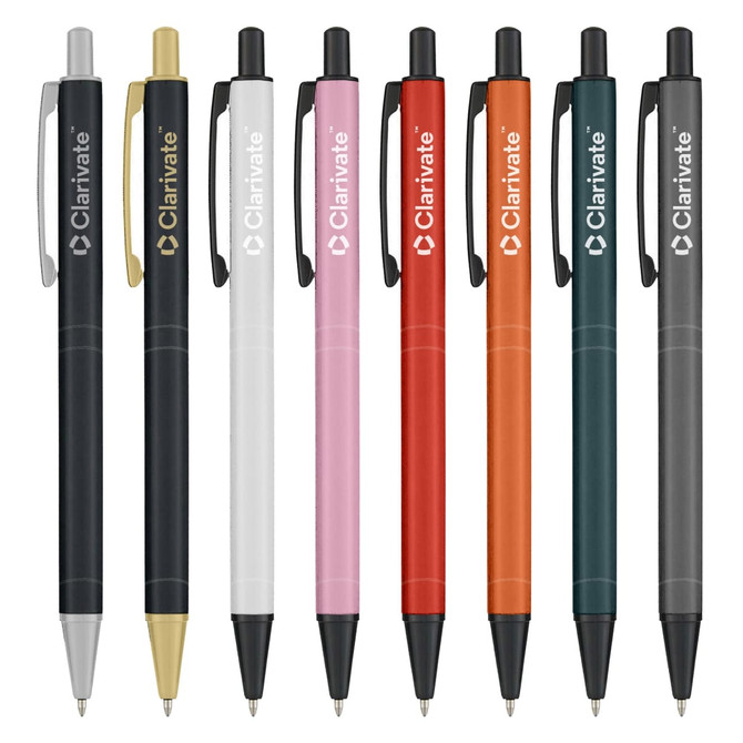 A set of eight metal pens in various colours including gold, white, pink, red, orange, teal, grey, and black, featuring a logo.