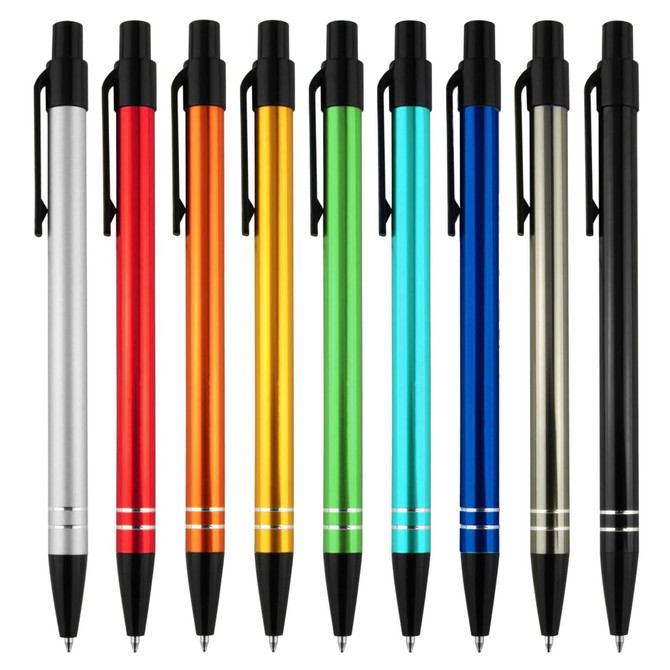 A collection of metal pens in silver, red, orange, green, blue, black, and gold, featuring a logo on each pen.
