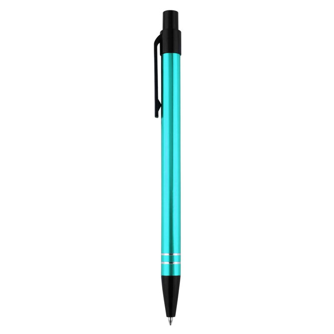 A turquoise metal pen with a black clip and tip, featuring silver accents. The pen has a branding logo.