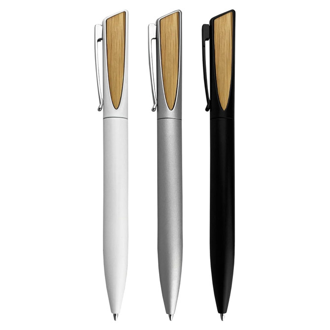 Three metal pens in white, silver, and black, each featuring a wooden accent and a clip.