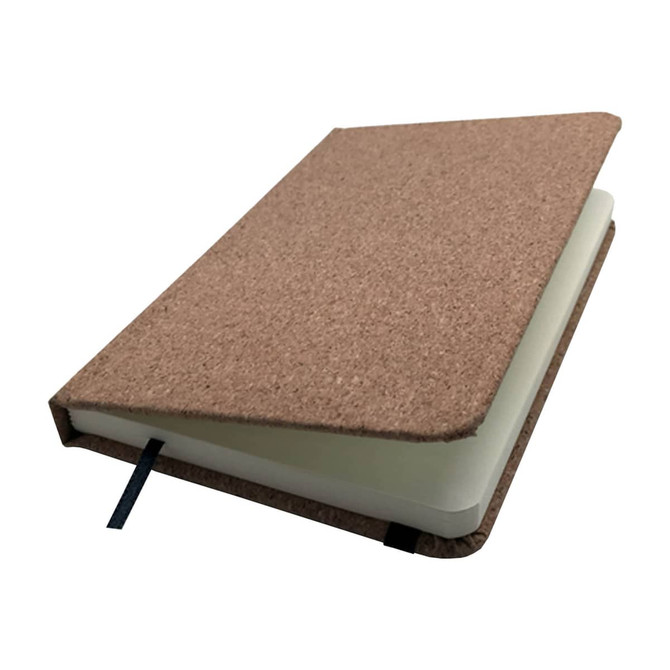 A6 cork soft wood notebook with a textured natural cork cover and cream pages, featuring a ribbon bookmark.