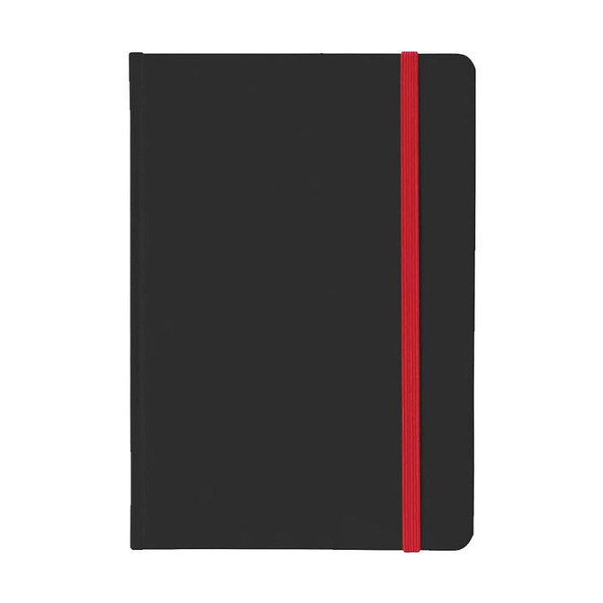 A5 PU notebook in black with a red elastic band closure, featuring a logo on the cover.