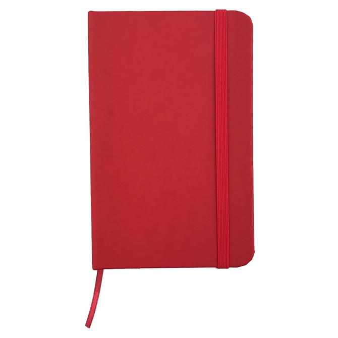 A red PU notebook featuring an elastic band closure and a ribbon bookmark. It has a logo on the front cover.