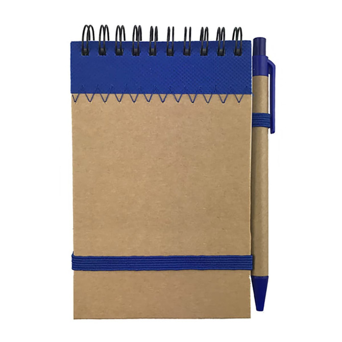 A recyclable paper jotter pad with a blue top, elastic band, and a matching blue pen. It has a spiral binding.