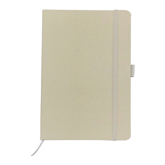 A cream-coloured A5 cotton notebook with a white elastic closure and a ribbon bookmark. It features a logo.