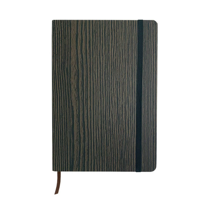 A5 wood look notebook in shades of green and brown, featuring a matching elastic band and ribbon bookmark.