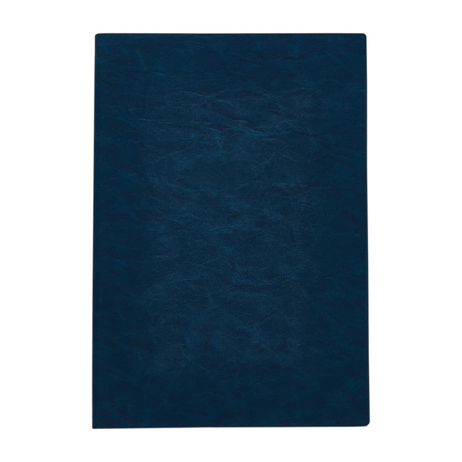 A navy blue notebook with a textured cover and a simple design. It has a logo on the front.
