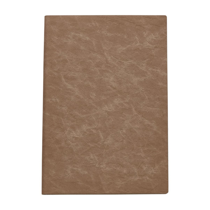 A brown notebook with a textured cover, featuring a logo on the front, suitable for office and business use.