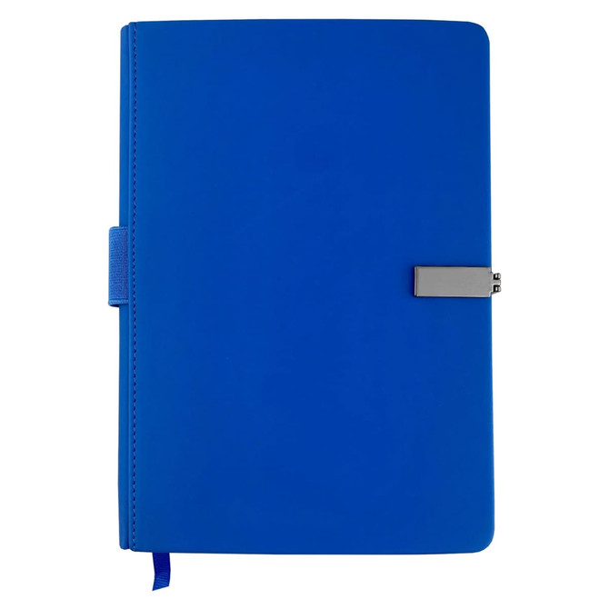 A blue notebook with a metal clasp, featuring a sleek design and a ribbon bookmark. Includes a branding logo.