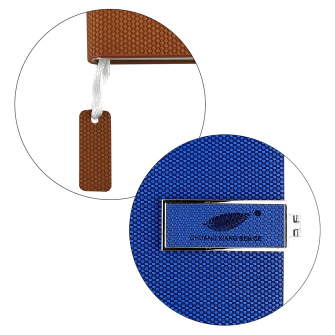 A blue notebook with a textured cover, featuring a tag and a logo on the front.
