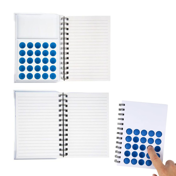 A blue dotted notebook with a spiral binding and blank pages, featuring a section for holding blue dots.