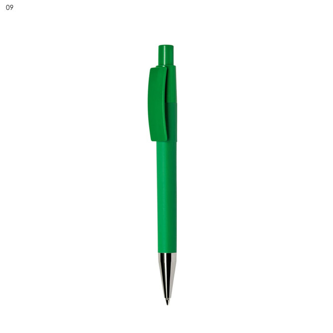 A green plastic pen with a click mechanism and a silver nib. It features a logo on its body.