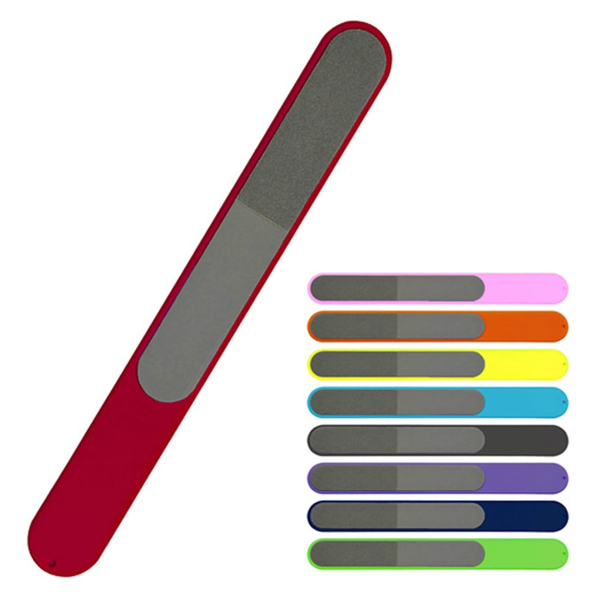 A red nail file with a grey filing surface, accompanied by a variety of colourful nail files in multiple shades.