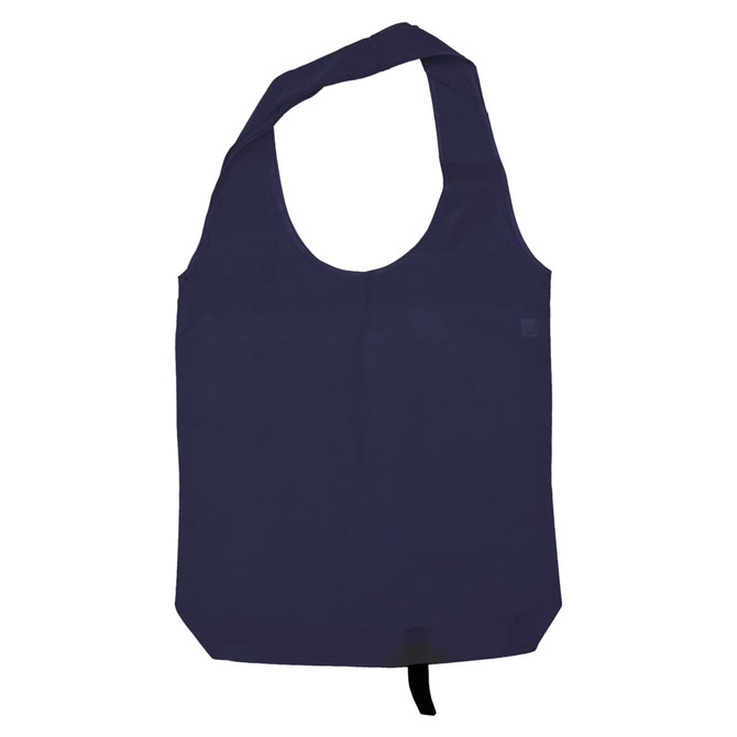 A navy tote bag with long handles and a small pocket, featuring a logo.