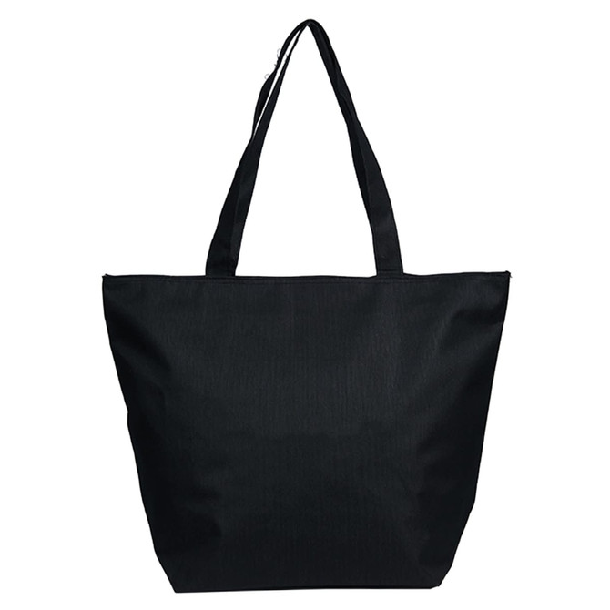 A large black tote bag with dual handles and a simple design. It features a branding logo.