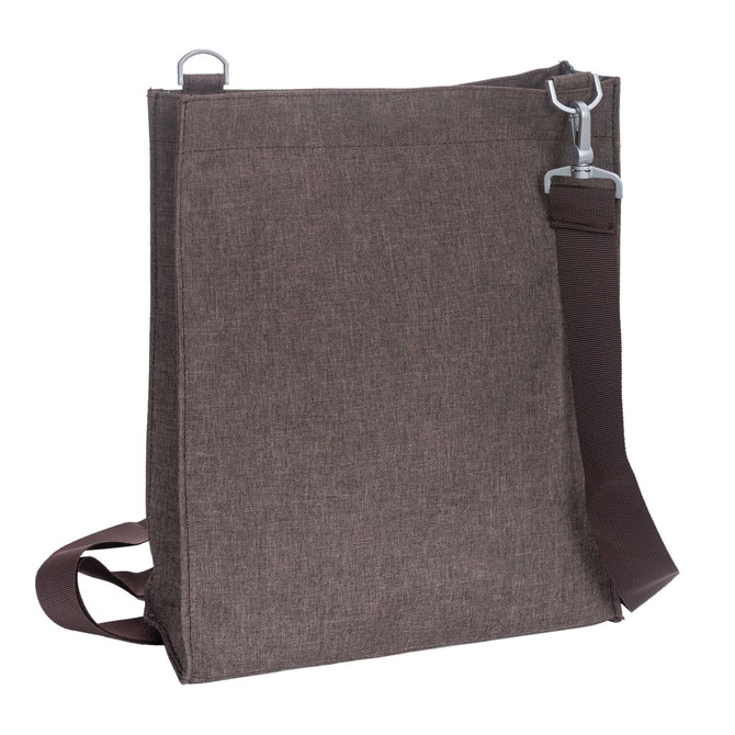 A brown nylon library bag with a shoulder strap and a metal clip, featuring a simple design and a branding logo.