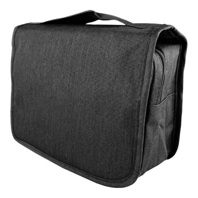 A grey toiletry bag with a flap closure and a handle, featuring a zippered compartment and a logo.