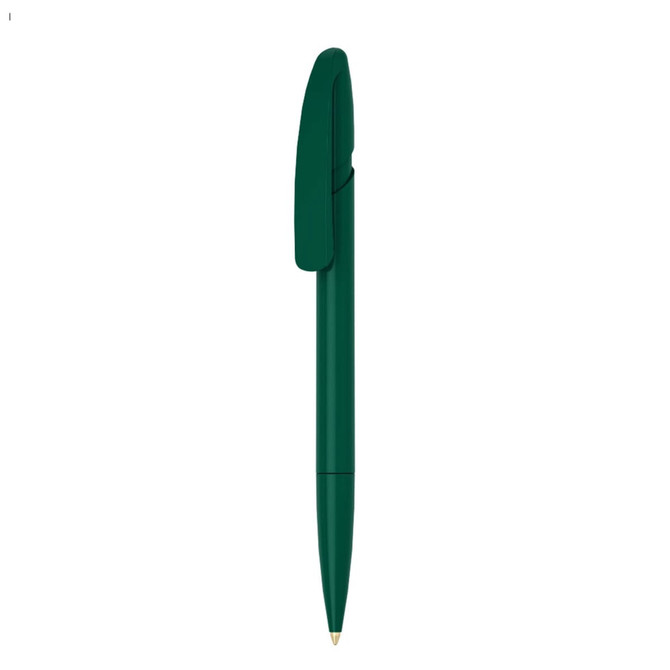 A green plastic pen featuring a sleek design and a clip. It has a logo on its barrel.