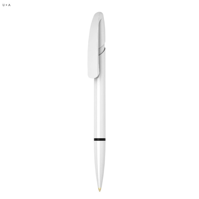 A white plastic pen with a black band and a clip for easy carrying. It features a sleek design and a logo.