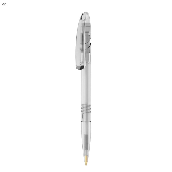 A transparent plastic pen with a gold ink tip and a clip. It features a simple design and has a branding logo.