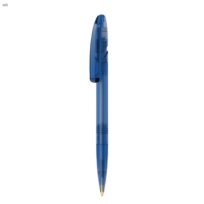 A plastic pen in a blue transparent design with a clip and gold nib. Features a logo on the barrel.