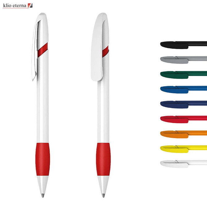 A plastic pen featuring a white barrel with a red grip and clip, alongside various coloured pen options.