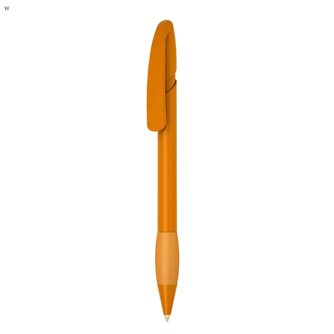An orange plastic pen with a contoured design and a clip at the top. It features a branding logo.