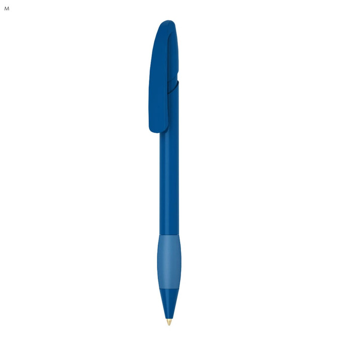 A blue plastic pen with a smooth grip and a capped top, featuring a branding logo.
