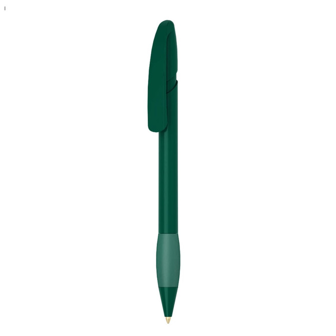 A green plastic pen featuring a clip and a rounded tip. The pen has a logo on its body.