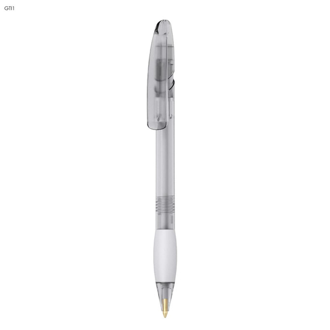 A plastic pen with a transparent barrel and white grip, featuring a clip and a branding logo.