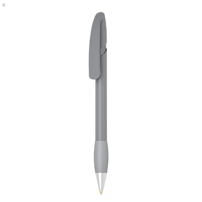 A grey plastic pen with a sleek design and a clip, featuring a metallic tip. It includes a brand logo.