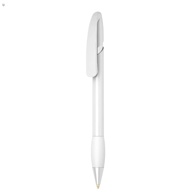 A white plastic pen with a smooth grip and a clip, featuring a branding logo on the side.
