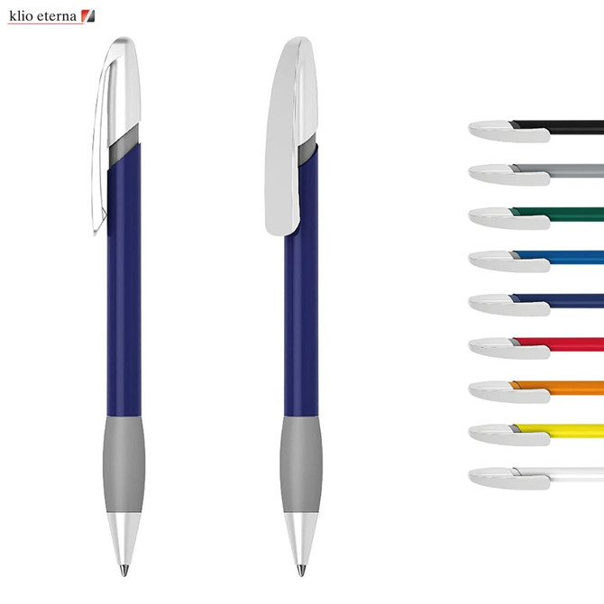 A plastic pen in navy blue with a silver clip and grip, alongside pens in various colours, all with branding.