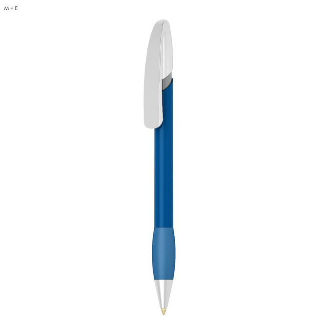 A blue plastic pen with a silver clip and a rounded tip. It has a simple design and features a logo.