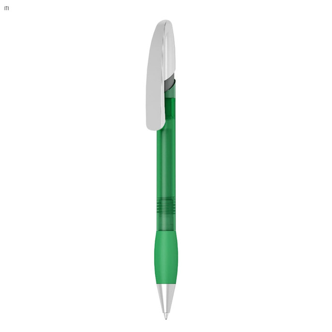 A green plastic pen with a silver clip and a darker green grip section. It features a smooth, sleek design.