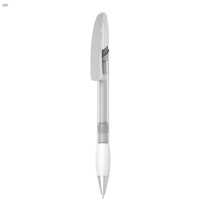 A transparent plastic pen with a white grip and a silver clip. The pen features a simple, modern design.