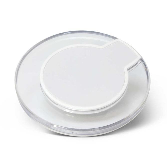 A wireless charger in a sleek circular design with a translucent base and a white charging pad.