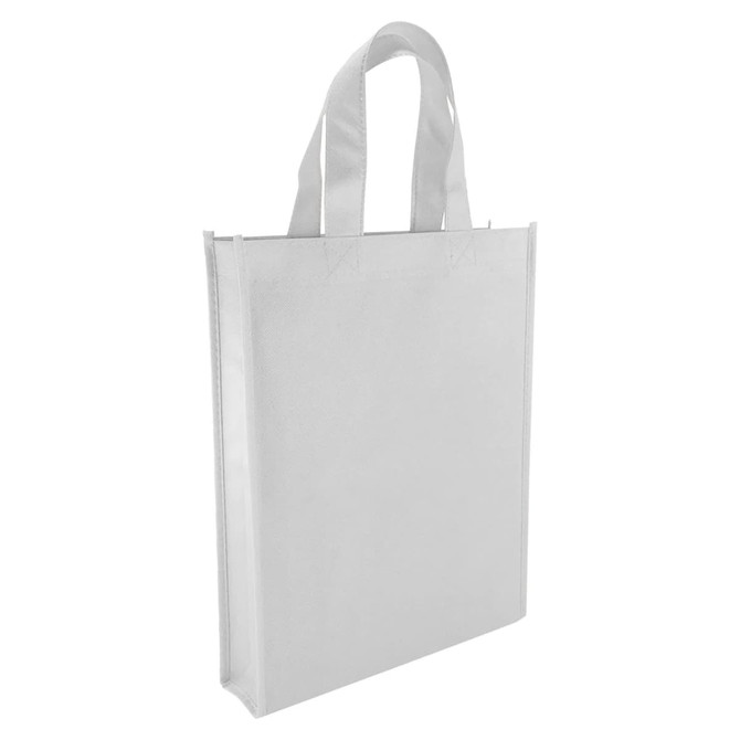 A white non-woven tote bag with two handles and a branded logo on the side.