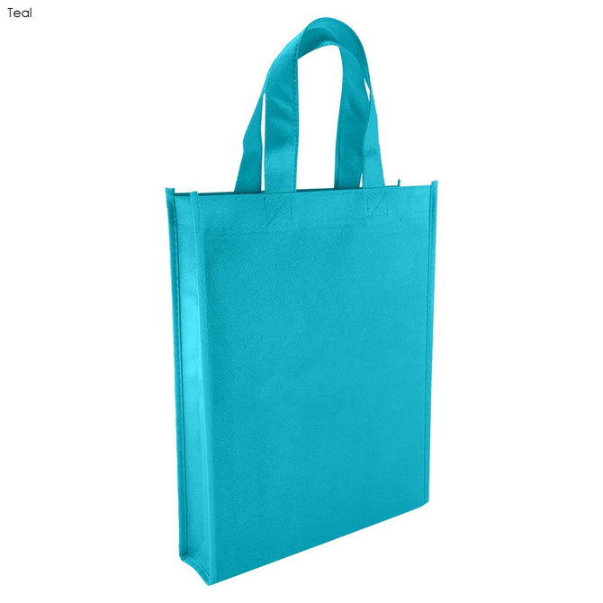A teal non-woven tote bag with two handles and a simple design. It features a branding logo.