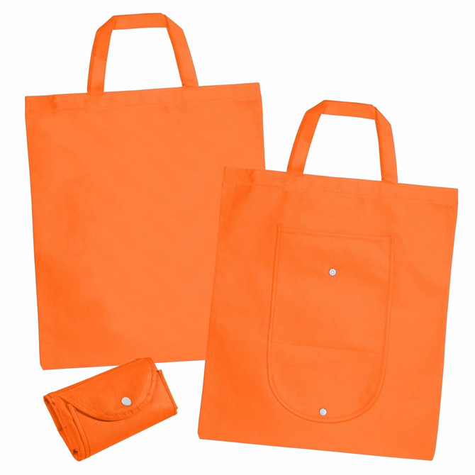 An orange non-woven foldable shopping bag, featuring two handles and a pocket, with a smaller folded version beside it.