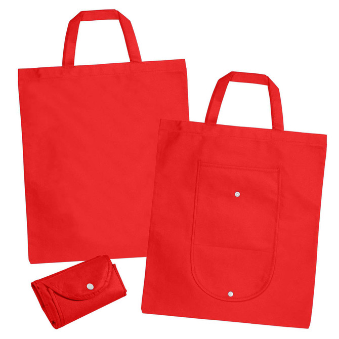 A red non-woven foldable shopping bag displayed alongside a compact, folded version. Features a logo on the front.