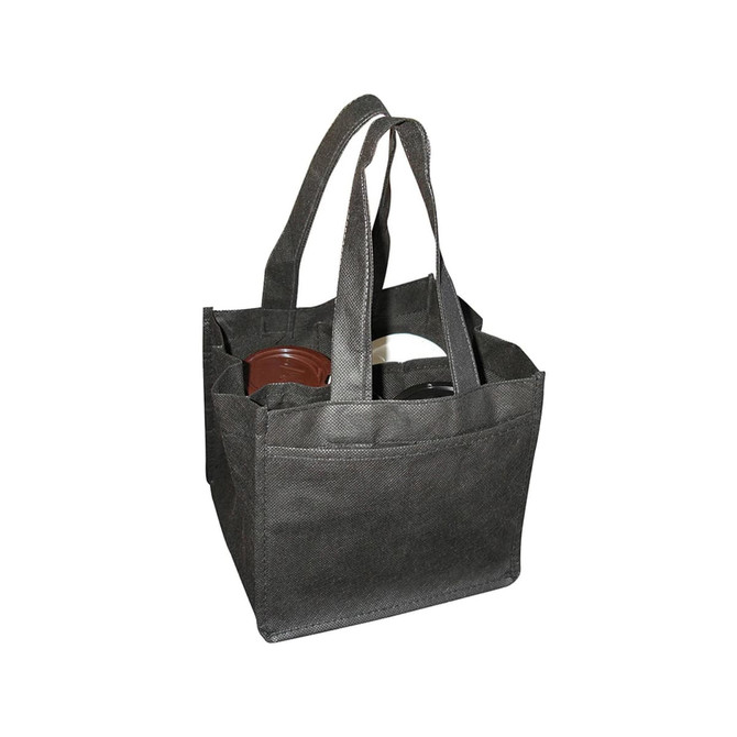 A black non-woven bag designed to hold four coffee cups, featuring sturdy handles and a simple organisational structure.