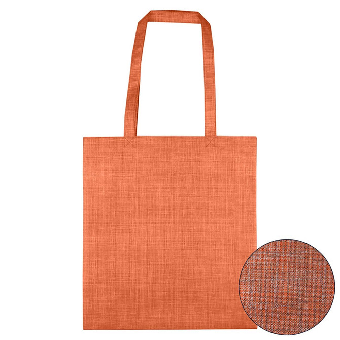 An orange patterned non-woven bag with two handles, featuring a close-up of the textured fabric.