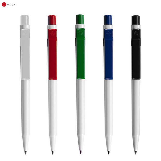 A set of five plastic pens in white, red, green, blue, and black, each with a matching cap and clip.